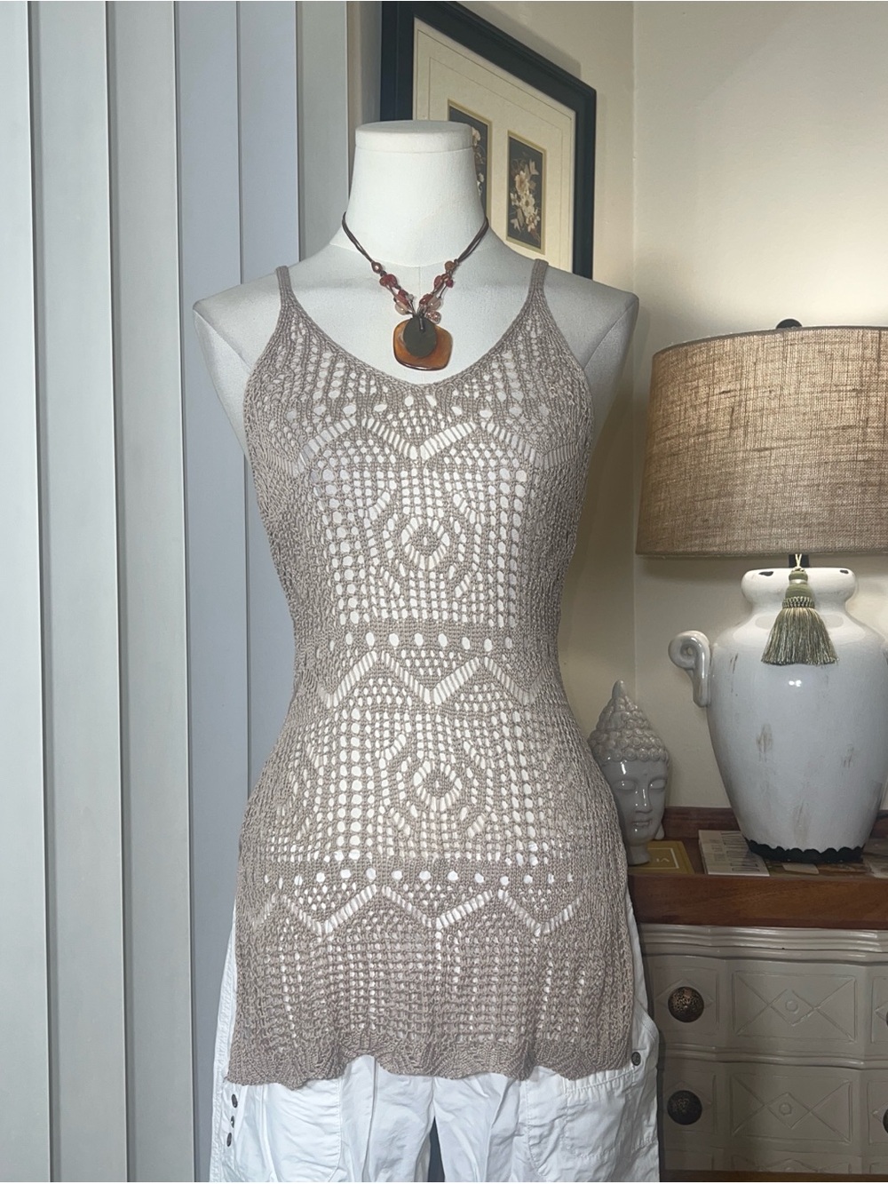 Y2K Crochet Tank Dress in Taupe